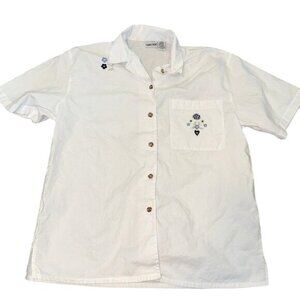 Cabin Creek Womens White Button-Up Shirt With Blue Floral Embroidery Short Sleev